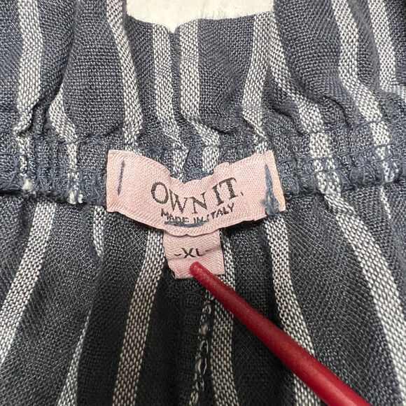 Own It High Waisted Cropped Linen Pants SIZE XL Blue Gray Striped Belted Italy - Picture 5 of 10
